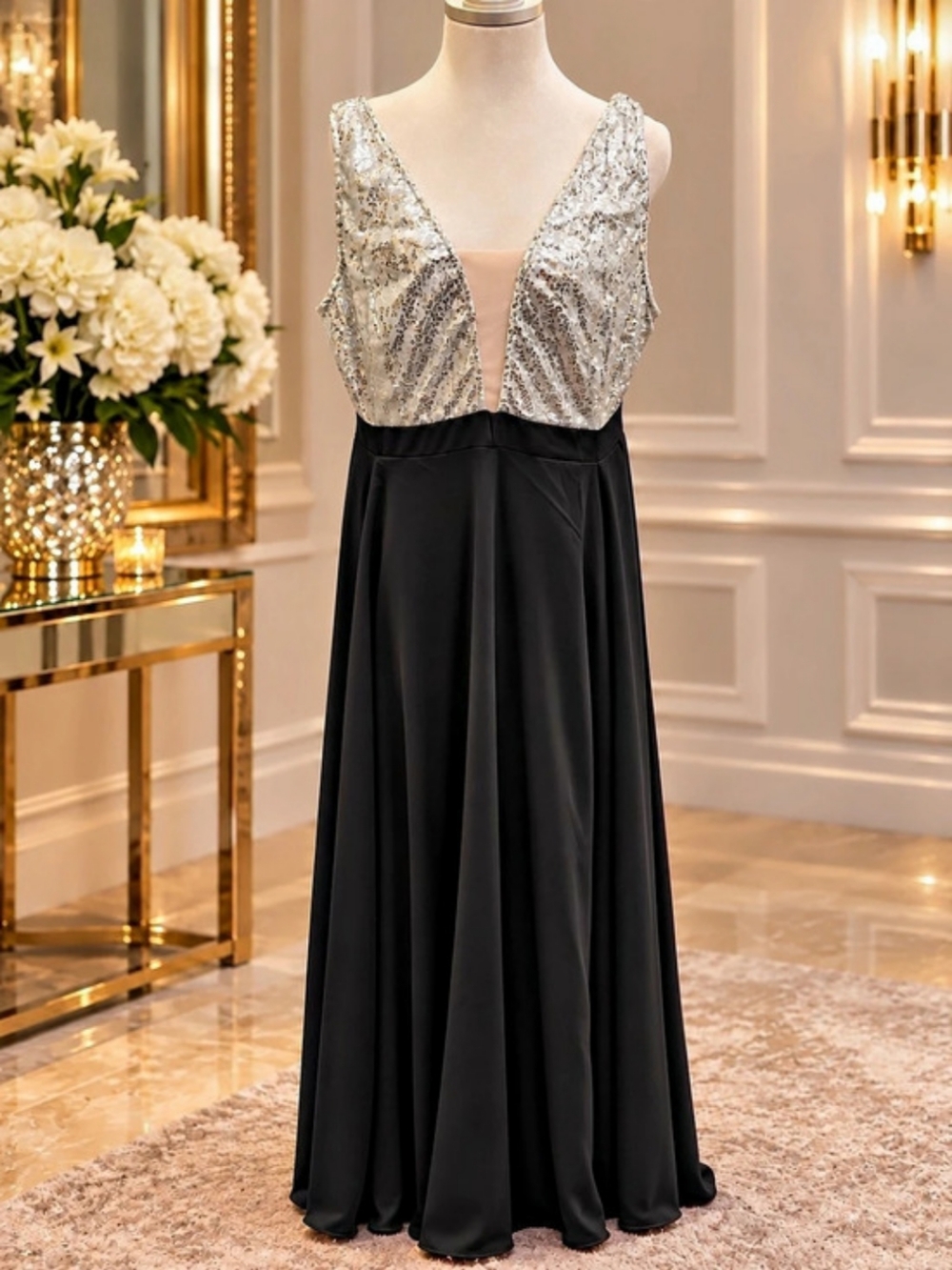 Sequin Bodice Maxi Dress in Black & Silver Like New